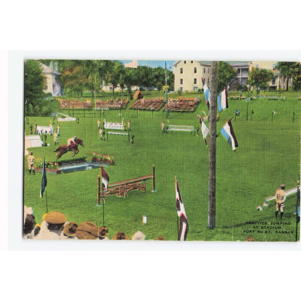 Vintage Fort Riley Kansas Postcard Practice Jumping Stadium Equestrian Linen